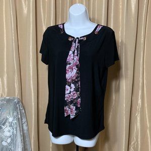 Adele & May Blouse - Black w/ Floral Tie Neckline